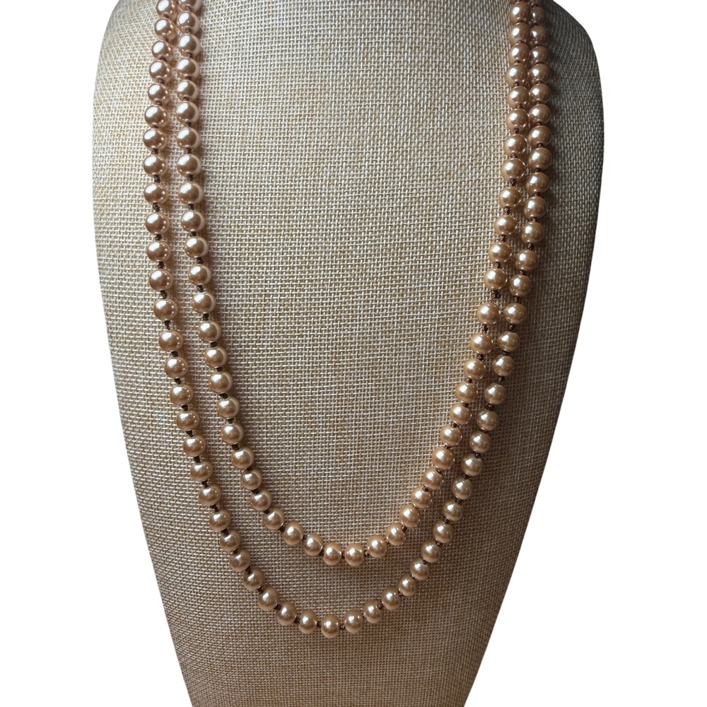Champagne Gold Faux Pearl Hand Knotted Opera Necklace Long Vintage 80s Glam